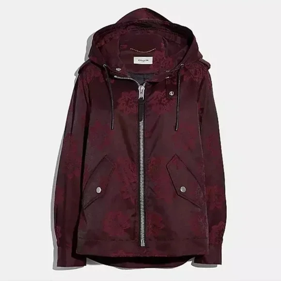 New Coach jacquard floral print leather trim parka Rain jacket size small - Picture 1 of 14